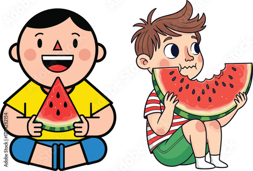 Cute boys eating watermelon, summer snack illustration, juicy fruit fun, happy children cartoon, healthy food concept, colorful vector design for kids