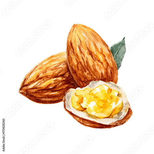 Almond, watercolor painting vector, isolated on a white background.