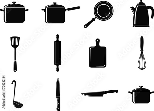 Set of black kitchen utensils and cookware silhouette icons including pots, pans, knives, whisk, spatula, kettle, ladle, and cutting boards.