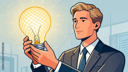 A business person is holding a light bulb, with hand-drawn vector illustrations