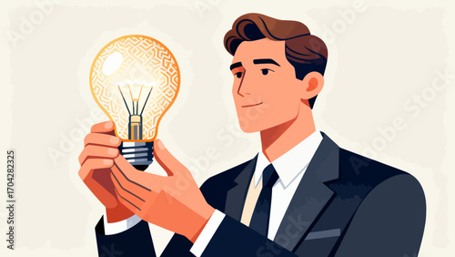 A business person is holding a light bulb, with hand-drawn vector illustrations