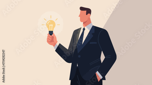 A business person is holding a light bulb, with hand-drawn vector illustrations