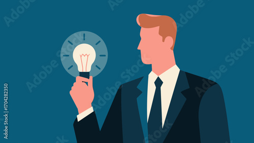 A business person is holding a light bulb, with hand-drawn vector illustrations