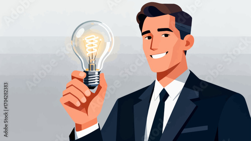 A business person is holding a light bulb, with hand-drawn vector illustrations