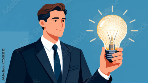A business person is holding a light bulb, with hand-drawn vector illustrations