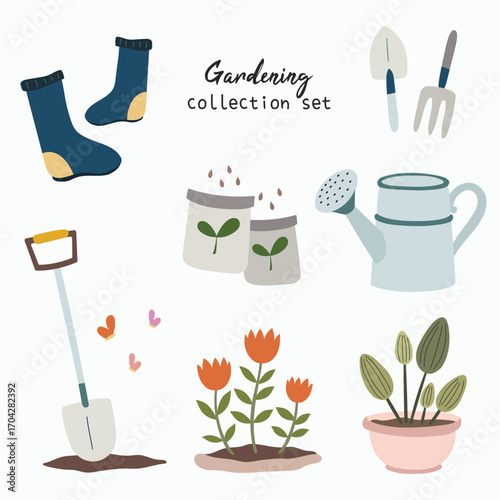 Gardening kit doodle vector isolated clip art collection set. Cute cartoon childish style of planting hobby and activity for asset, sticker, planner, design