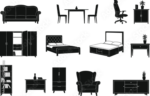 Black silhouette vector set of modern and classic furniture including sofa, dining table, office chair, beds, wardrobes, bookshelves, armchair, nightstand, and sideboard for home decor.