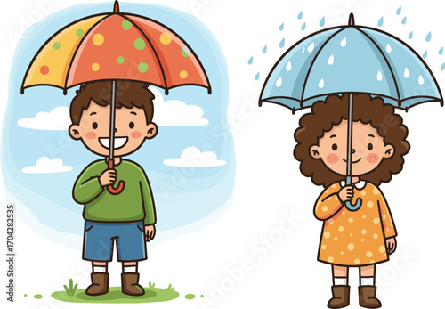 Cute kids holding colorful umbrellas in rainy and sunny weather, smiling boy and girl cartoon illustration, perfect for children’s weather themes