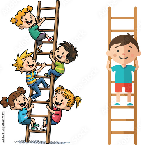 Group of happy cartoon kids climbing ladder, playful children activity, outdoor fun, teamwork illustration, childhood adventure, smiling boy on separate ladder