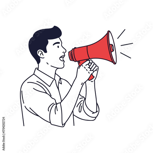 Man speaking into a red megaphone with sound waves Keywords: man, speaking, megaphone