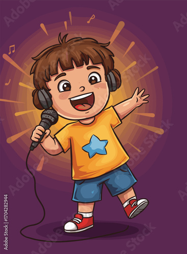 Happy cartoon boy singing with microphone, wearing headphones, musical performance illustration, kids talent show concept, child artist, vector music background