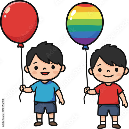 Happy cartoon boys holding balloons, colorful rainbow and red balloon, cute children character, cheerful kids vector, fun illustration, flat design