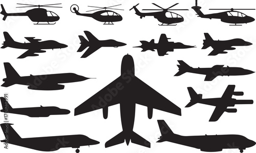 Aircraft Silhouette Collection Featuring Planes, Jets, and Helicopters for Aviation Projects