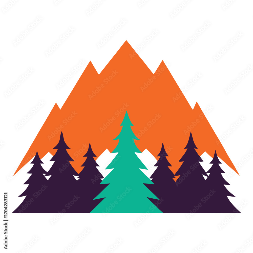 Obraz premium Colorful gradient mountain silhouette with pine trees for outdoor adventure and nature themes vector 