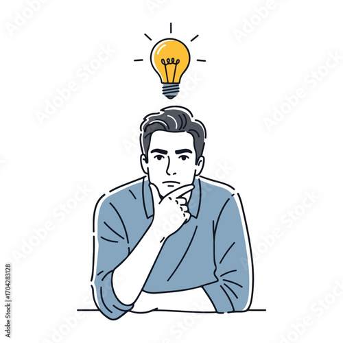 Man with hand on chin and a glowing lightbulb overhead thinking idea