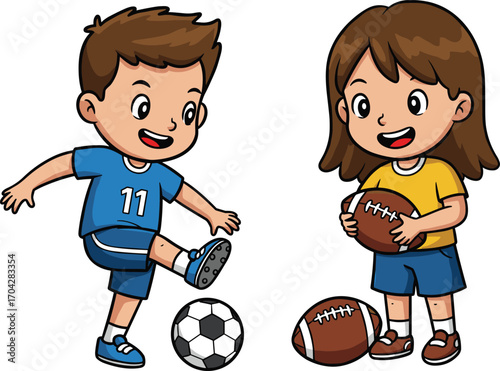 Happy kids playing soccer and football, cheerful children enjoying outdoor sports, boy kicking soccer ball, girl holding football, active kids having fun together