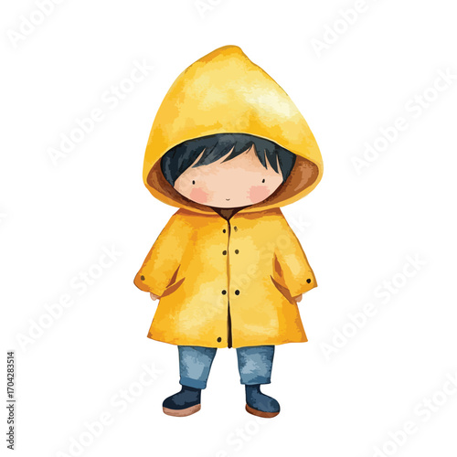 Watercolor Illustration of a Child in a Bright Yellow Raincoat