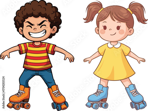 Smiling boy and girl roller skating, cartoon children playing outdoors, happy kids enjoying fun activity, colorful vector illustration, childhood lifestyle, sport, entertainment