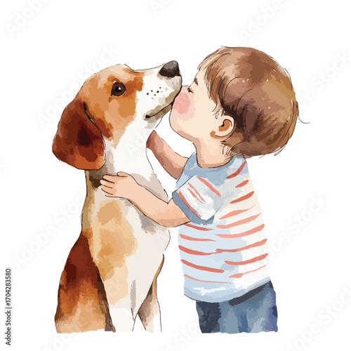 Watercolor Illustration of a Child Kissing a Beagle Dog