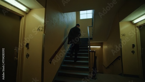 A solitary figure ascending a dimly lit stairwell in a building, with numbered doors lining the walls, conveying a sense of suspense and mysterious ambiance.