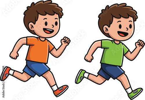 Two cartoon boys running, vector illustration of kids in motion, outdoor play, childhood activity, fun exercise, healthy children, playful energy, clipart