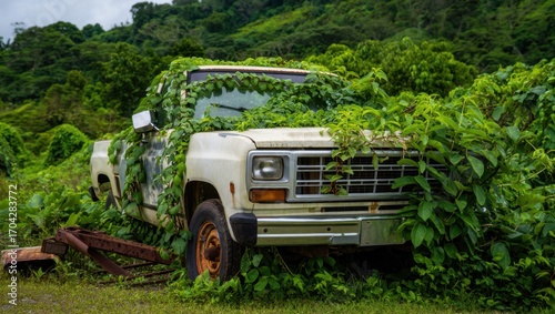 Abandoned Vintage Pickup Truck Overgrown with Lush Green Foliage in a Serene Natural Landscape