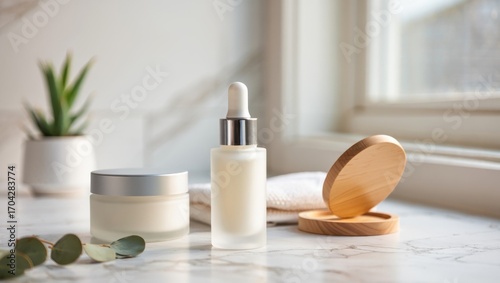 Elegant Skincare Products Displayed on a Marbled Surface with Natural Elements, Showcasing a Harmony of Beauty and Wellness in a Bright Environment