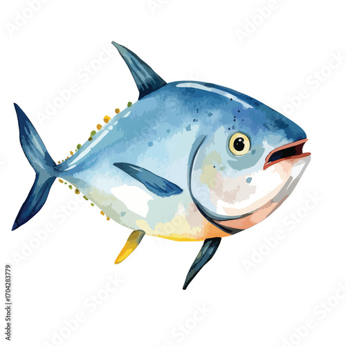 Watercolor Fish Depicted with Blue Hues and Detailed Fin Structure