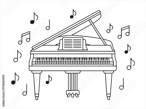 Grand piano coloring page with sheet music and floating musical notes, black and white line art illustration for children and adults creative activity, relaxing printable music themed design