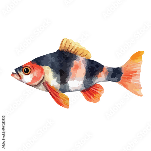 Watercolor Fish with Orange Tail and Black Stripes Swimming to the Right