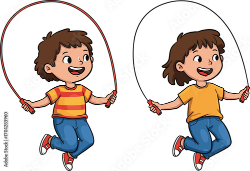 Two happy kids jumping rope, cartoon children exercise vector, outdoor fitness activity, healthy lifestyle illustration, active playtime fun clipart, sport concept