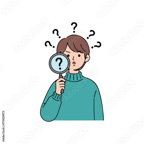 Person holding magnifying glass with question marks around head confusion curiosity