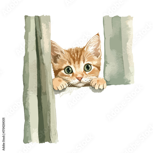 Watercolor Ginger Kitten Peeking Over Edge with Paws Resting on Surface