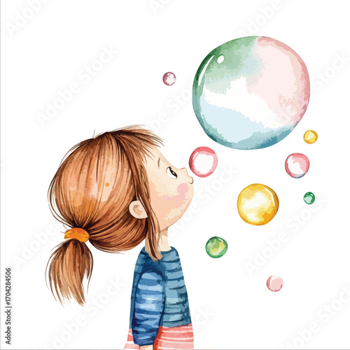 Watercolor Girl Gazing at Colorful Floating Bubbles