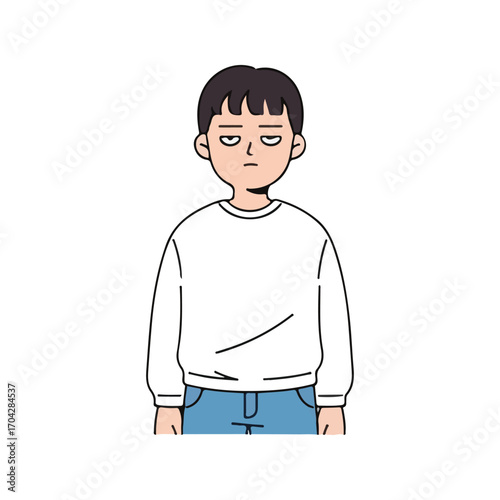 Person with bored expression wearing white sweater and blue jeans indifferent unimpressed