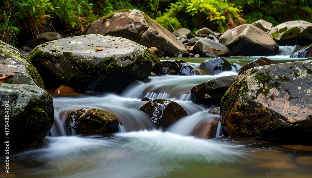 Obraz premium Gentle stream cascading over rocks in a lush forest