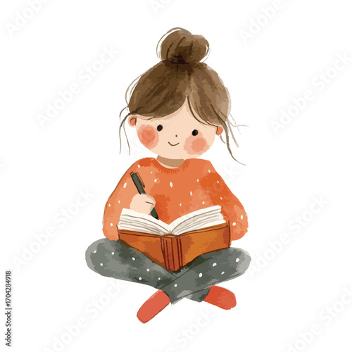 Watercolor Girl with Bun Writing in Book CrossLegged Pose