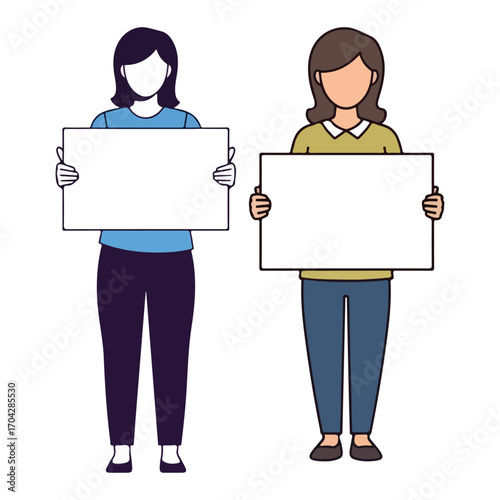 Two women holding blank white signs for messages Keywords: two women, holding, blank sign, white