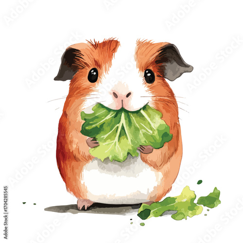 Watercolor Guinea Pig Portrait Munching on Lettuce with Dropped Leaves