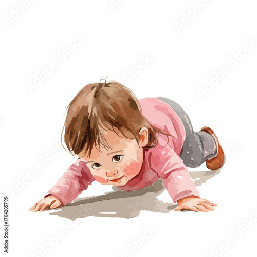 Watercolor Illustration of a Baby Crawling with Rosy Cheeks and Brown Hair