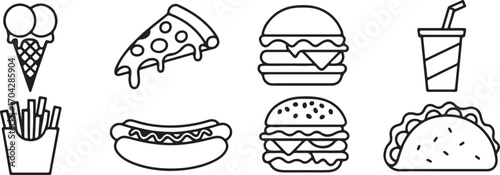 Delicious Fast Food Icons Set Featuring Classic Treats in a Simple and Appetizing Line Art Style