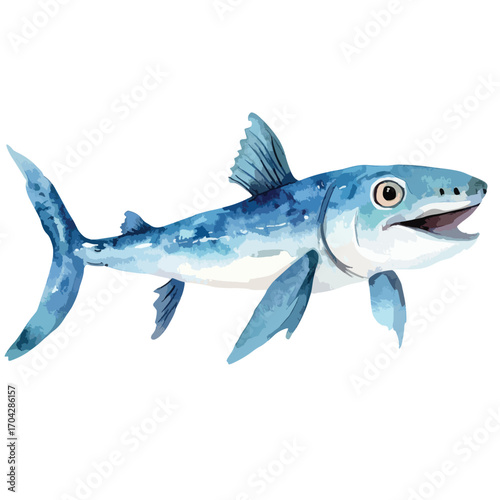 Watercolor Illustration of a Blue Fish with Open Mouth and Fins