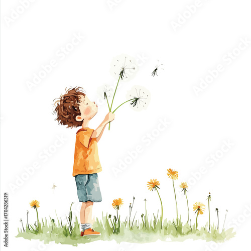 Watercolor Illustration of a Boy Blowing Dandelion Seeds into the Air