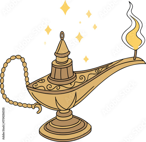 Golden magic lamp with sparkling stars evokes wishes and fantasies, ready for creative projects