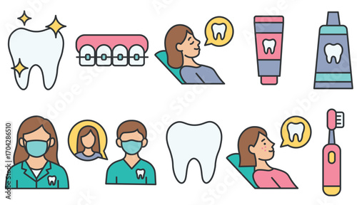 Set of dental care vector icons. Dentist, orthodontist, patient, braces, toothpaste, toothbrush, tooth illustration. Flat medical and oral hygiene concept in modern style.