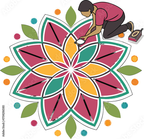 Artist crafting a stunning mandala design with vibrant colors and intricate details, creative art
