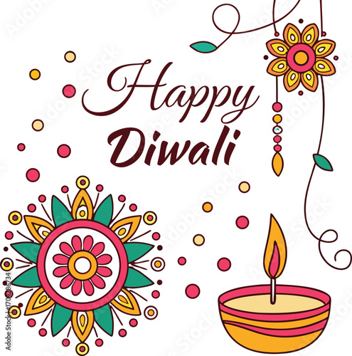 Celebrate Happy Diwali with vibrant diya lamps, floral designs, and festive holiday greetings