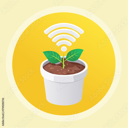 Smart Plant A Pot with Young Plant and Wi-Fi Connection Symbol for Modern Agriculture Concepts