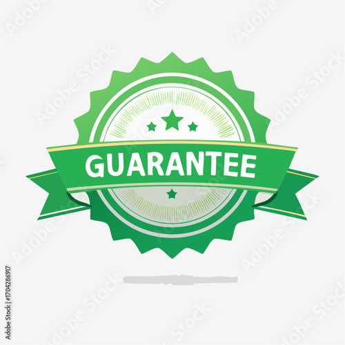 Green guarantee seal with a ribbon and stars. A vector emblem representing product quality, satisfaction, and certification