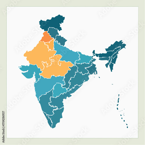 Colorful vector map of India illustrating its administrative states and union territories, with one prominent region highlighted for geographical or demographic analysis